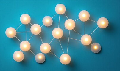 Abstract Geometric Light Installation on Blue Background, Modern Home Decor Lighting with Round Bulbs and Connecting Wires for Contemporary Spaces