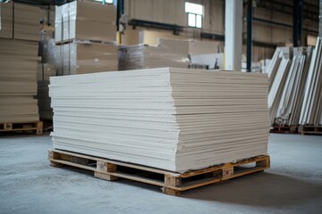 Packaged gypsum board ready for construction Plasterboard pallet in building store Drywall supply warehouse