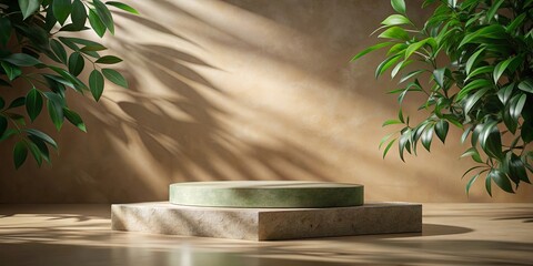 Serene Minimalist Product Display with Natural Light and Greenery