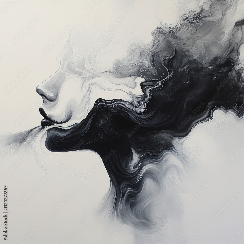 Poster abstract representation of a female profile merging with ethereal smoke in a fluid art style symboli
