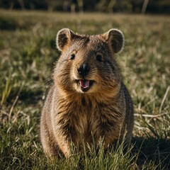 Fototapeta premium A quokka smiling in the middle of a grassy field.
