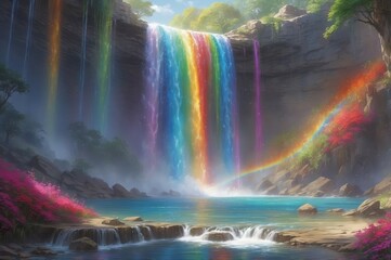 Magical rainbow waterfall cascading into a serene pool.