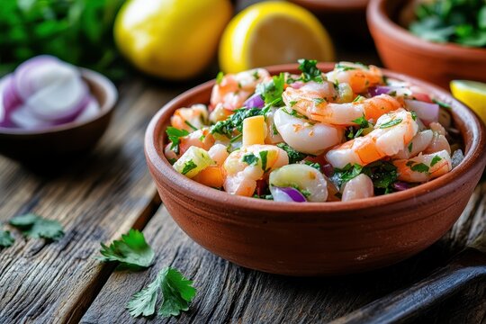 Peruvian or Chilean dish cold seafood ceviche with shellfish clams lemon and cilantro served in clay on wood