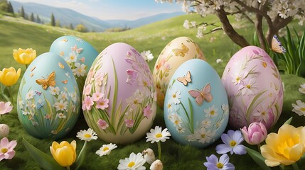 Decorated Easter Eggs  with Spring Flowers, Easter Day, AI Generative