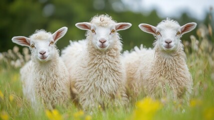 Obraz premium Three Adorable Fluffy Lambs in a Lush Green Meadow, basking in the sunlight, peaceful spring day, serene countryside scene