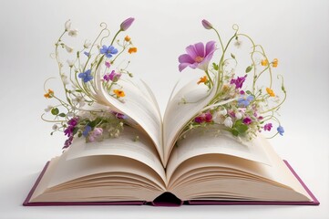 Open book with wildflowers.