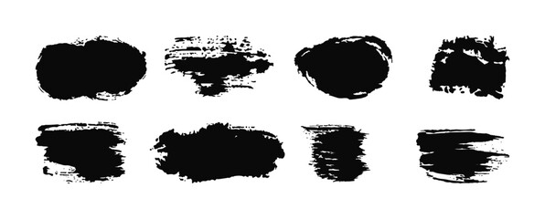 Black text boxes from ink smear. Grunge design elements. Dirty texture borders and banners. Painted rectangles