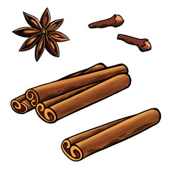 Illustration of mulled wine spice, cinnamon sticks, star anise, cloves.