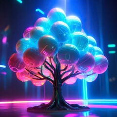 멋지고 알록달록한 네온 배경, 커다란 나무 주변 둥근 네온 장식 일러스트. 02