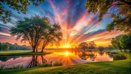 Obraz premium Serene Sunrise Over a Tranquil Pond and Lush Green Landscape