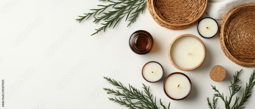 Aufkleber an array of candles and woven baskets is displayed alongside fresh greenery, creating a serene atmos