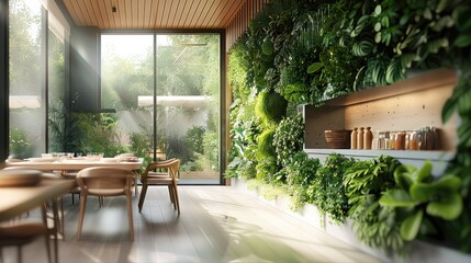 Fototapeta premium Dining space design, technological indoor plant wall, environmentally friendly planting area.