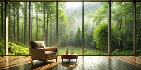 Serene forest vista viewed from a minimalist living room with modern chair and coffee table