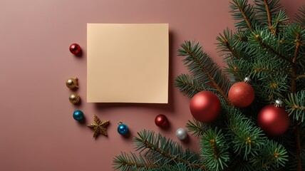 A festive arrangement of pine branches, red ornaments, and a blank card, creating a cozy holiday atmosphere perfect for writing seasonal greetings