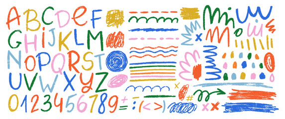 Vector alphabet and freehand scribbles, underlines, highlights, numbers with crayon or pastel texture. Sketch colorful illustration.