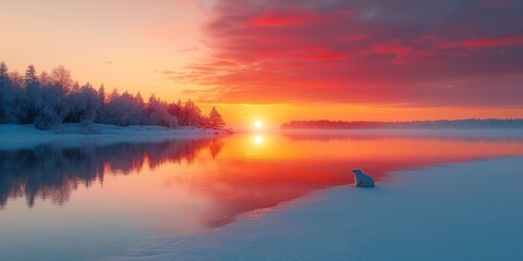 A frozen lake surrounded by snow-dusted pines, soft pink and orange hues of sunset reflected on the ice