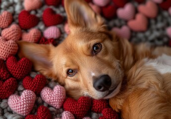 Adorable Dog Relaxing Among Handmade Heart-Shaped Crafts on Colorful Crochet Blanket Displaying Warmth and Affection for Perfect Pet Themed Photography