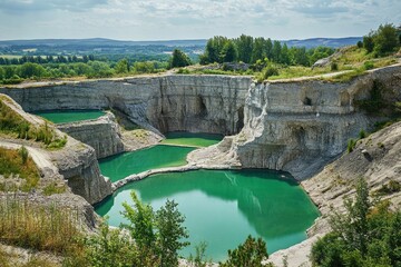 Quarry featuring turquoise lakes below Bottom section with green pools