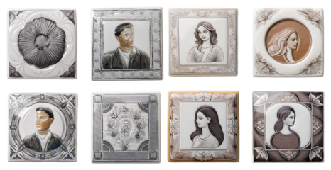 Decorative wall art panels featuring human portraits isolated on transparent background