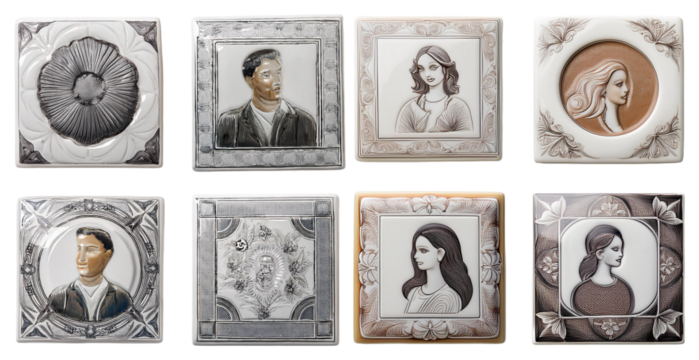 Decorative wall art panels featuring human portraits isolated on transparent background