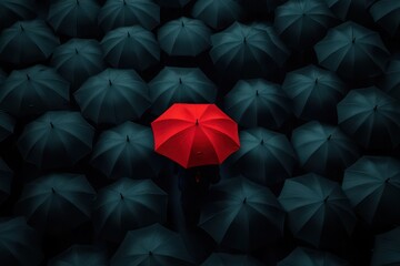 Red umbrella among many black ones