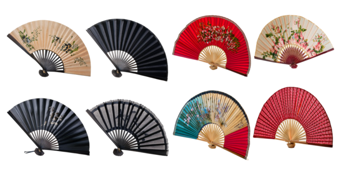 Colorful traditional folding fans with decorative patterns isolated on transparent background