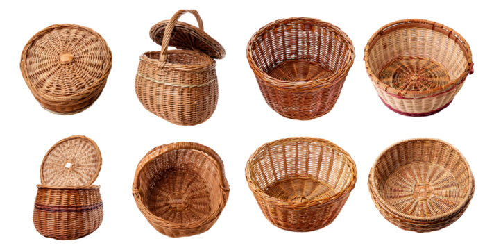 Handwoven wicker baskets in different shapes and sizes isolated on transparent background