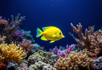 Obraz premium A bright yellow tropical fish swimming among colorful coral reef formations against a deep blue background