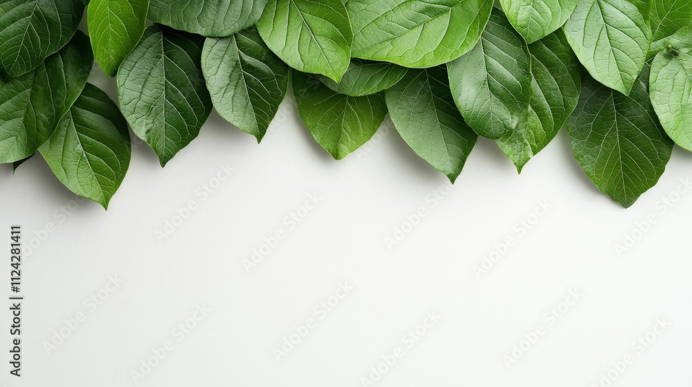 Poster A white background with light green leaves at the bottom edge, creating an elegant and refreshing design