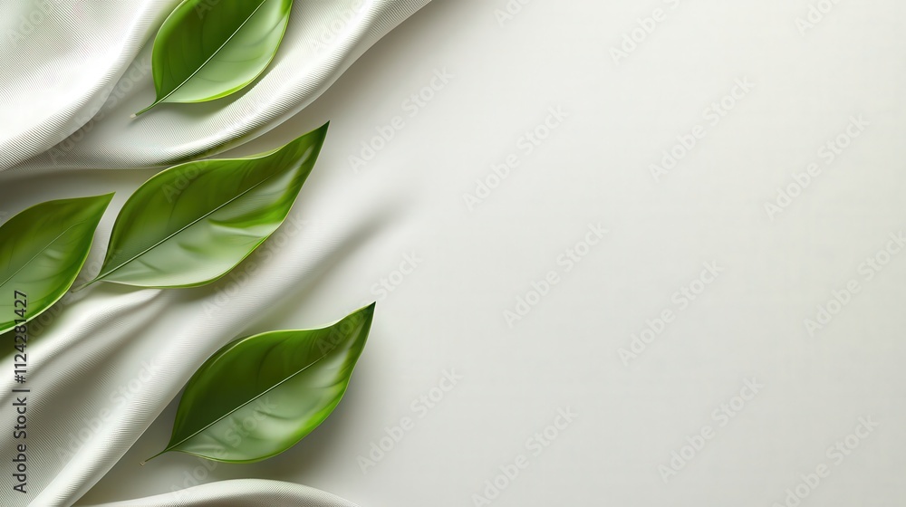 Poster A white background with light green leaves at the bottom edge, creating an elegant and refreshing design