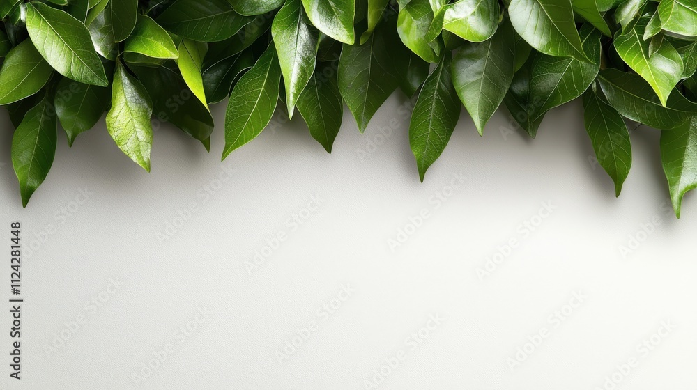 Poster a white background with light green leaves at the bottom edge, creating an elegant and refreshing de