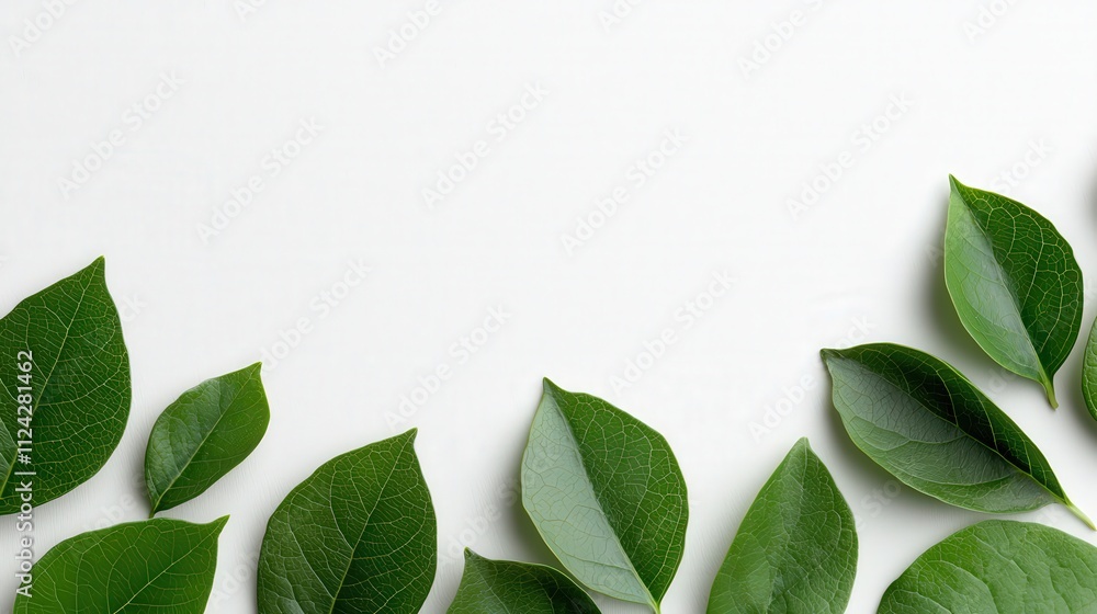 Poster A white background with light green leaves at the bottom edge, creating an elegant and refreshing design