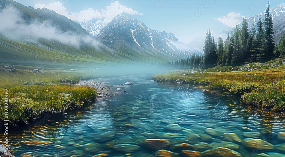Poster A valley with a shallow river running at the bottom of it. The river has a clear.