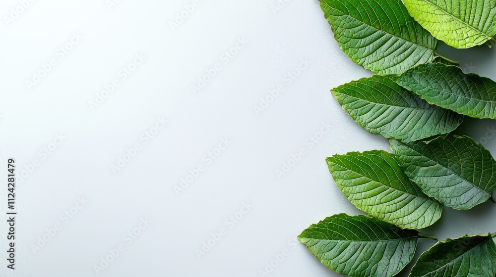 Poster A white background with light green leaves at the bottom edge, creating an elegant and refreshing design