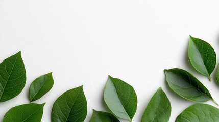 Fototapeta premium A white background with light green leaves at the bottom edge, creating an elegant and refreshing design