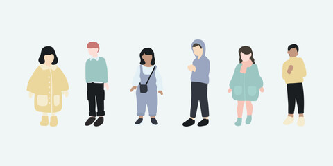 flat minimal children male and female vector illustration in winter clothing concept isolated set collection. For architecture rendering, graphic design, info graphic, media