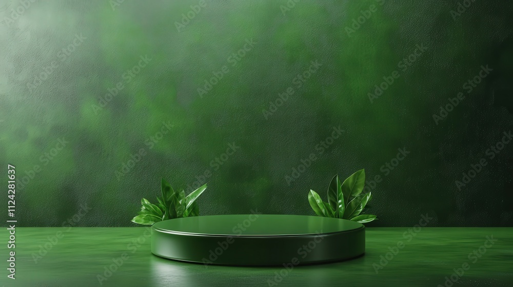Poster a green podium for product presentation, with a green background and a simple, round design. with an