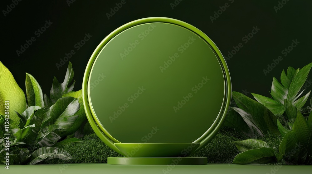 Poster a green podium for product presentation, with a green background and a simple, round design. with an