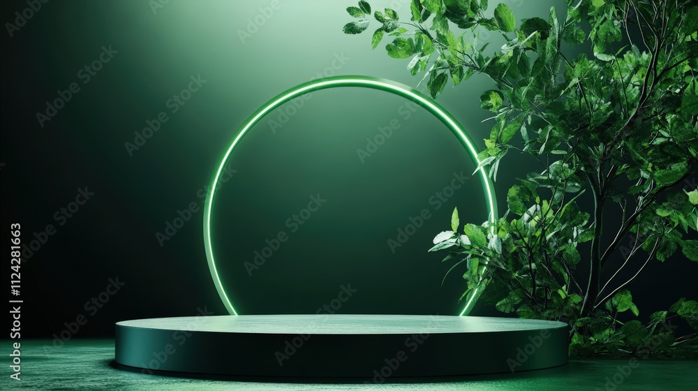 Aufkleber a green podium for product presentation, with a green background and a simple, round design. with an
