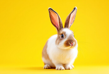 Obraz premium A white and brown rabbit with long ears standing against a bright yellow background
