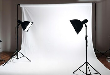 A white backdrop with two studio lights on stands, ready for a photoshoot