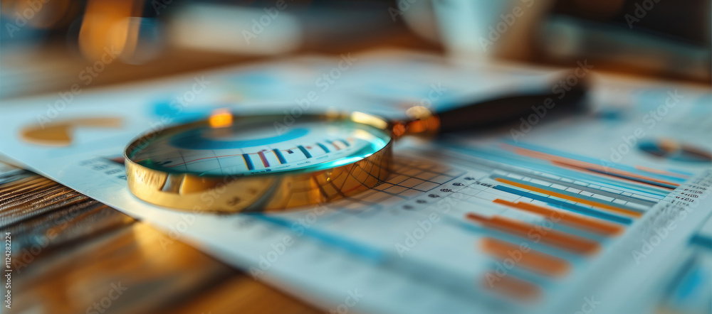 Aufkleber business documents with colorful charts and graphs being examined through a magnifying glass.