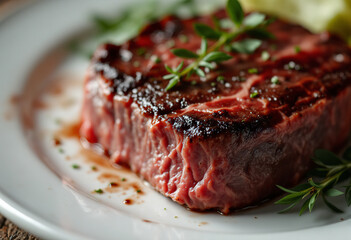 Raw beef steak on a white plate