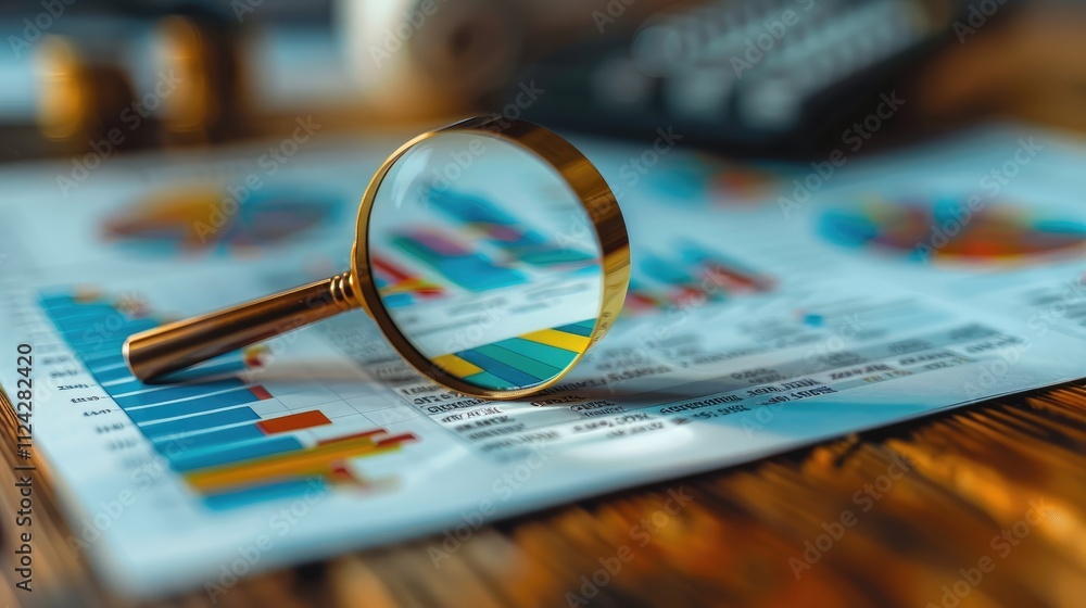 Aufkleber business documents with colorful charts and graphs being examined through a magnifying glass.