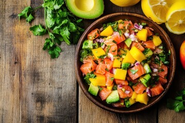 Salmon ceviche topped with lemon mango and avocado on a wooden surface