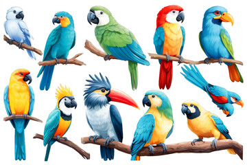 Obraz premium Set of tropical birds on isolated, Wildlife, Generative AI
