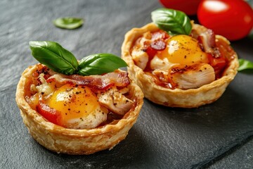 Savory mini quiche with chicken bacon tomato and egg topped with basil on a grey backdrop