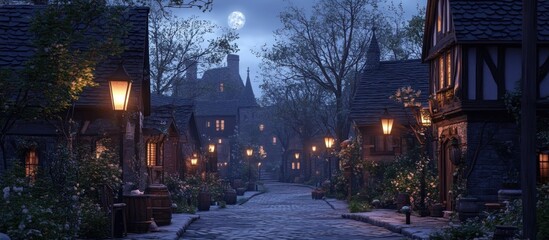 Moonlit medieval village street at night with cobblestone road, houses, lanterns, and castle in the background.