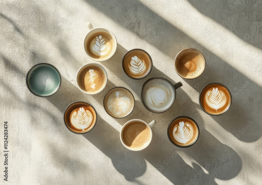 Poster aesthetic arrangement of various coffee cups with intricate latte art displayed on a soft surface un