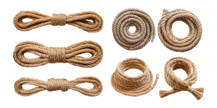 Various Twists and Knots of Natural Rope, set collection, mega bundle, isolated on transparent background